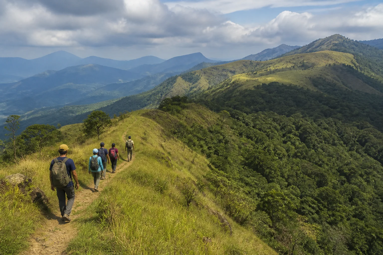 Realistic editorial illustration of a small guided walking group on a green hillside trail
