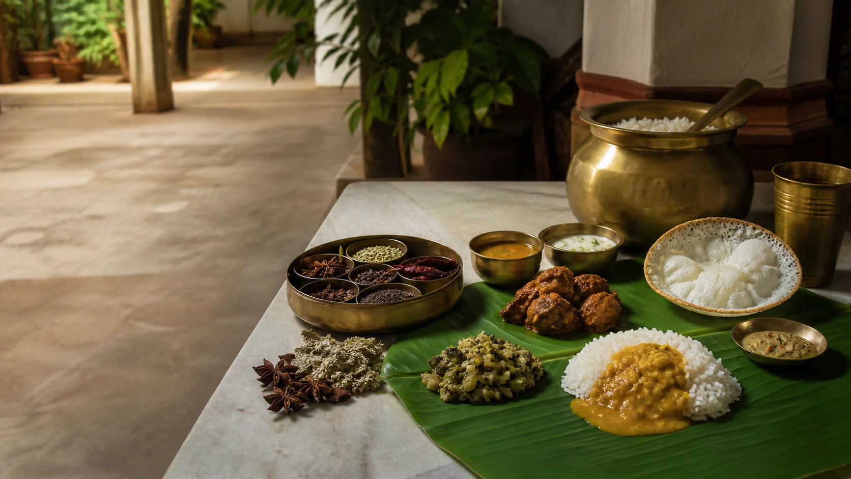 Illustrative Chettinad meal with rice, curries and appam on a banana leaf beside brass serving vessels